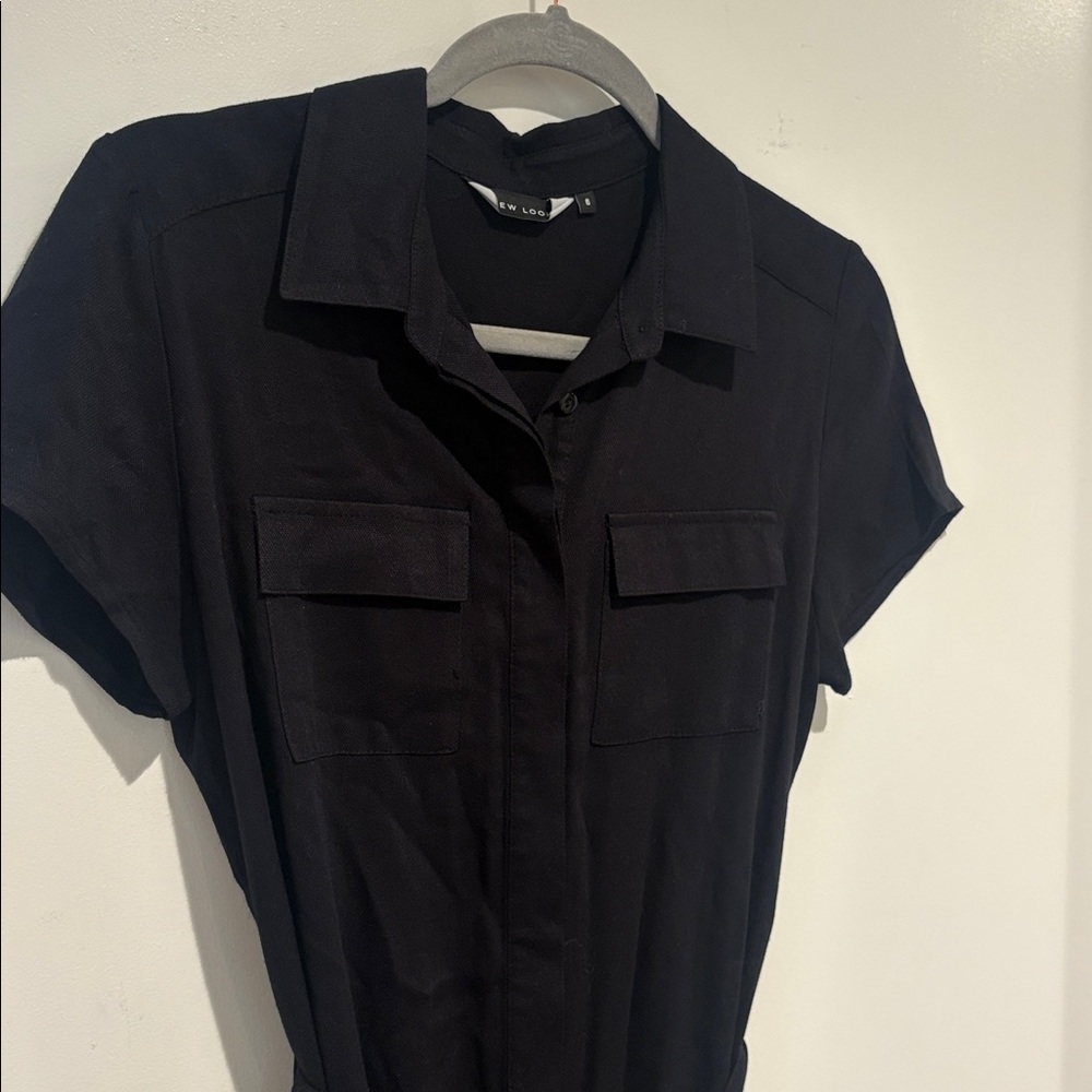 New Look Classic Black Belted Midi Collared Short Sleeve Work Dress Size 6 - Picture 4 of 7